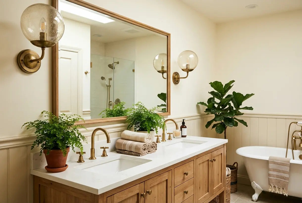 Transitional bathroom with brass globe wall sconces