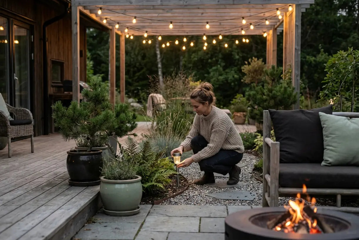 Scandinavisch terras met buitenverlichtingsdecoratie inclusief lichtslingers en solar padlampen