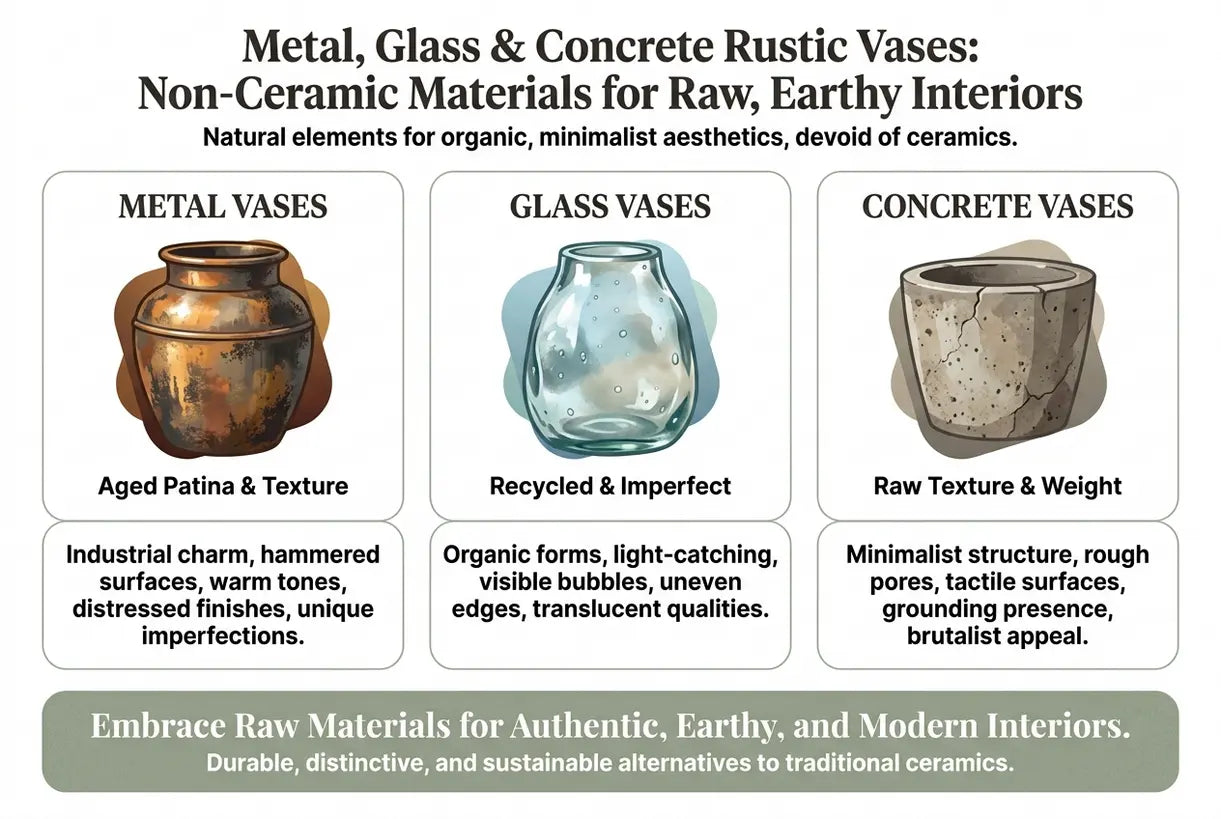 Metal, Glass & Concrete Rustic Vases: Non-Ceramic Materials for Raw, Earthy Interiors - infographic