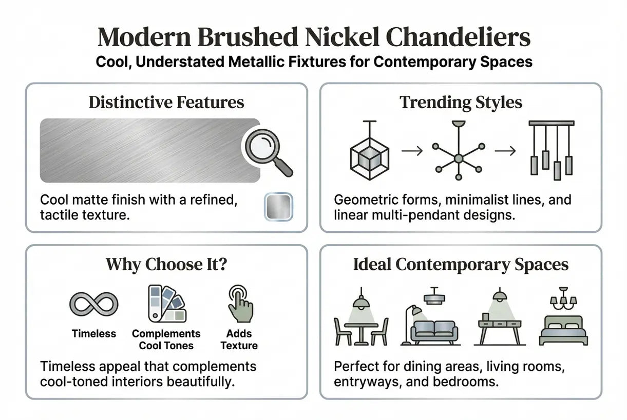 Modern Brushed Nickel Chandeliers: Cool, Understated Metallic Fixtures for Contemporary Spaces - infographic