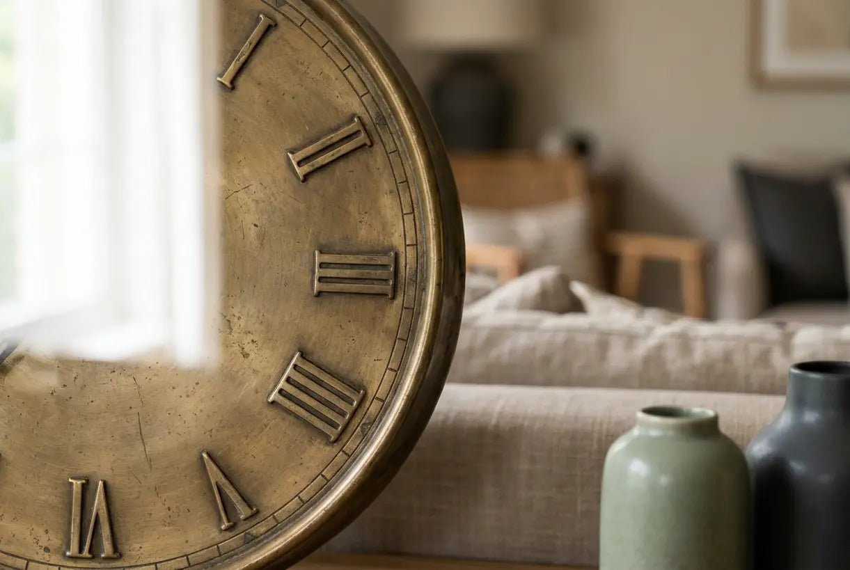 Close-up of elegant Roman numerals on a classic wall clock face with brass detailing