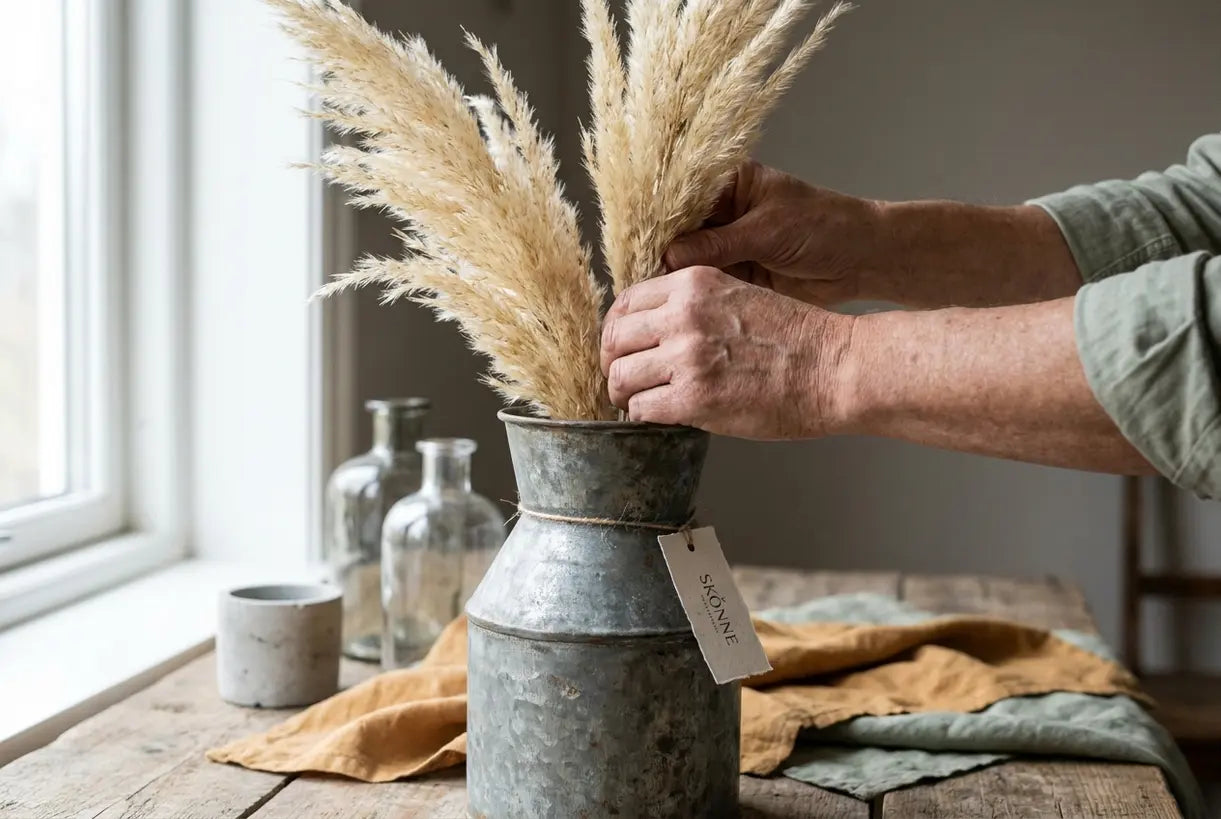 Hands arranging dried pampas grass in weathered rustic metal vase with natural window light