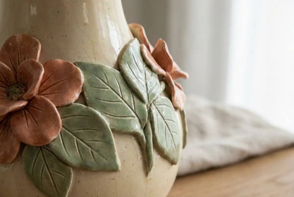 Close-up van keramische bloemen tafellampvoet met gedetailleerde bloembladdentextuur en vakmanschap