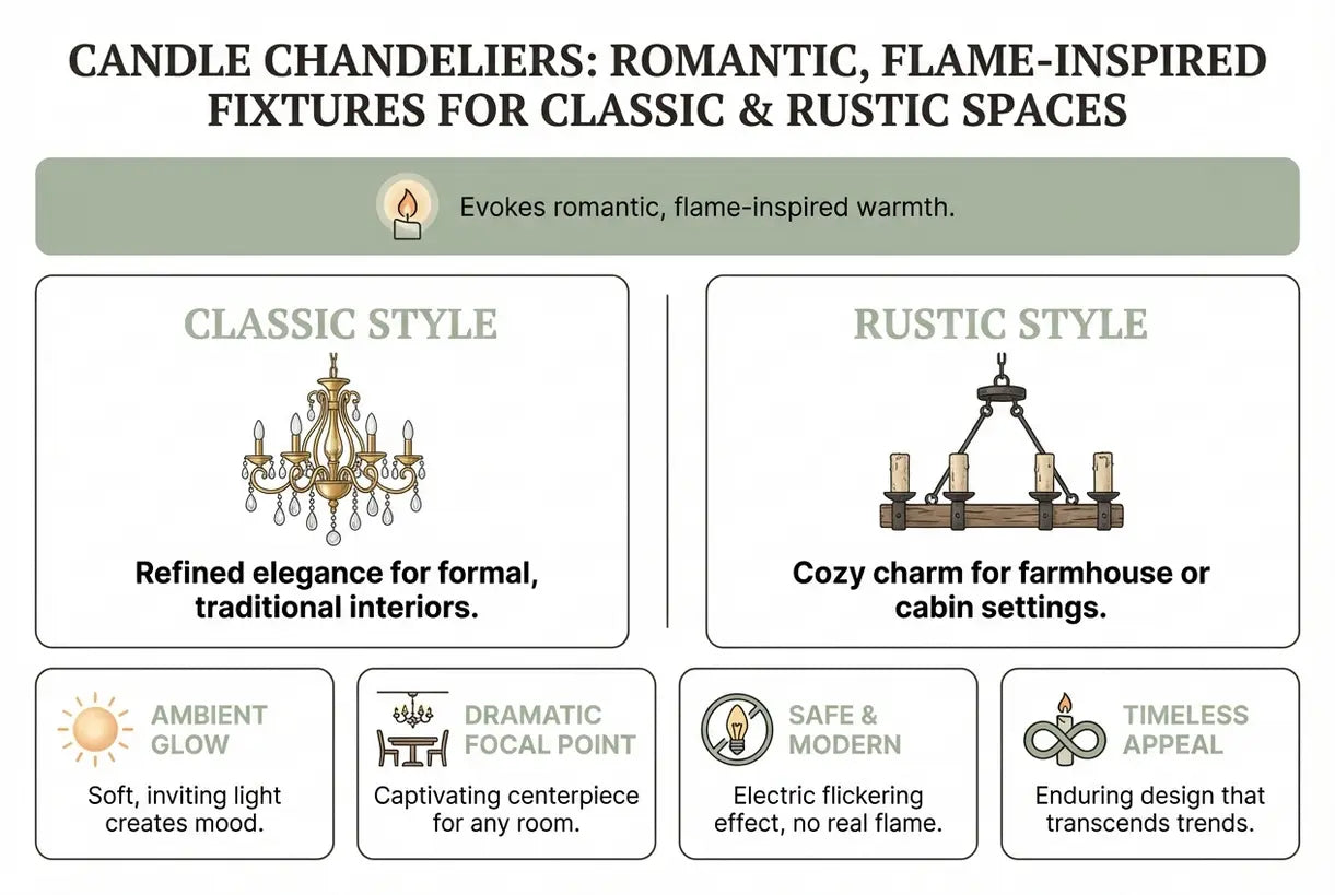 Kandelaar-kroonluchters: Romantische, op vlammen geïnspireerde armaturen voor klassieke en rustieke ruimtes - infographic