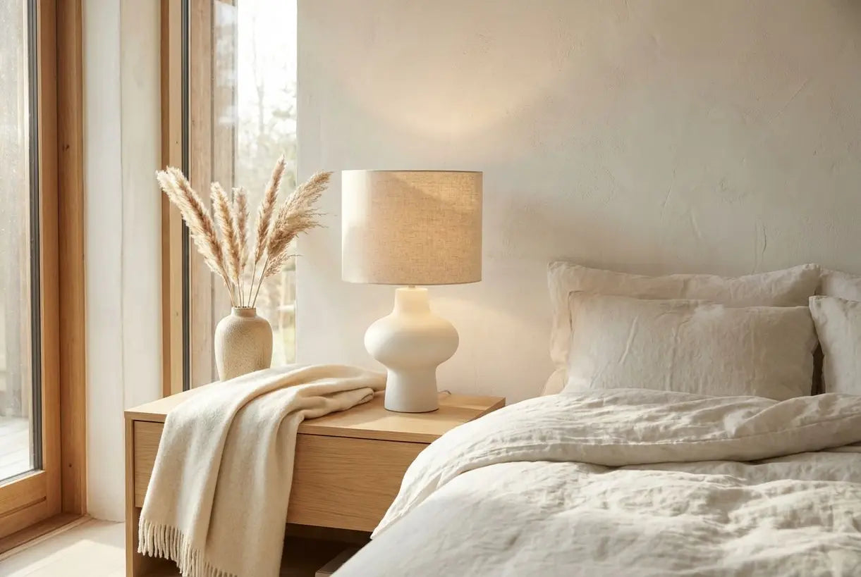 Scandinavische slaapkamer met witte tafellamp op eiken nachtkastje in luchtig minimalistisch interieur