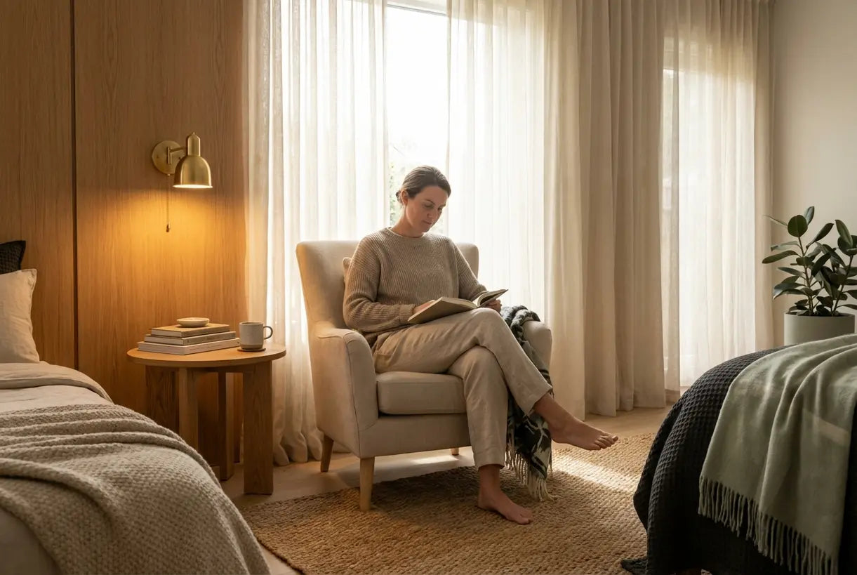 Wandleuchte mit Schalter im Schlafzimmer neben Leseecke in skandinavischem Haus