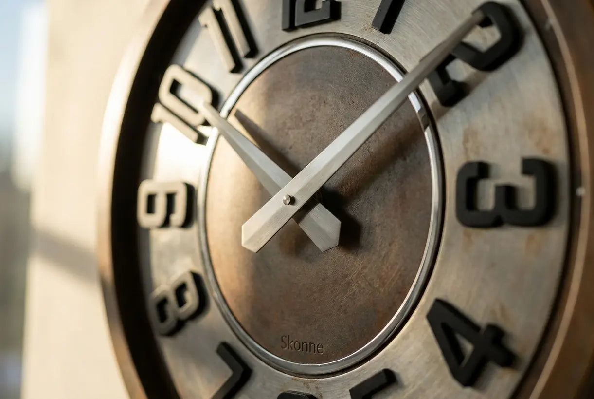 Nahaufnahme der Zeiger einer Metallwanduhr, die gebürsteten Stahl und Eisenoberflächen zeigt