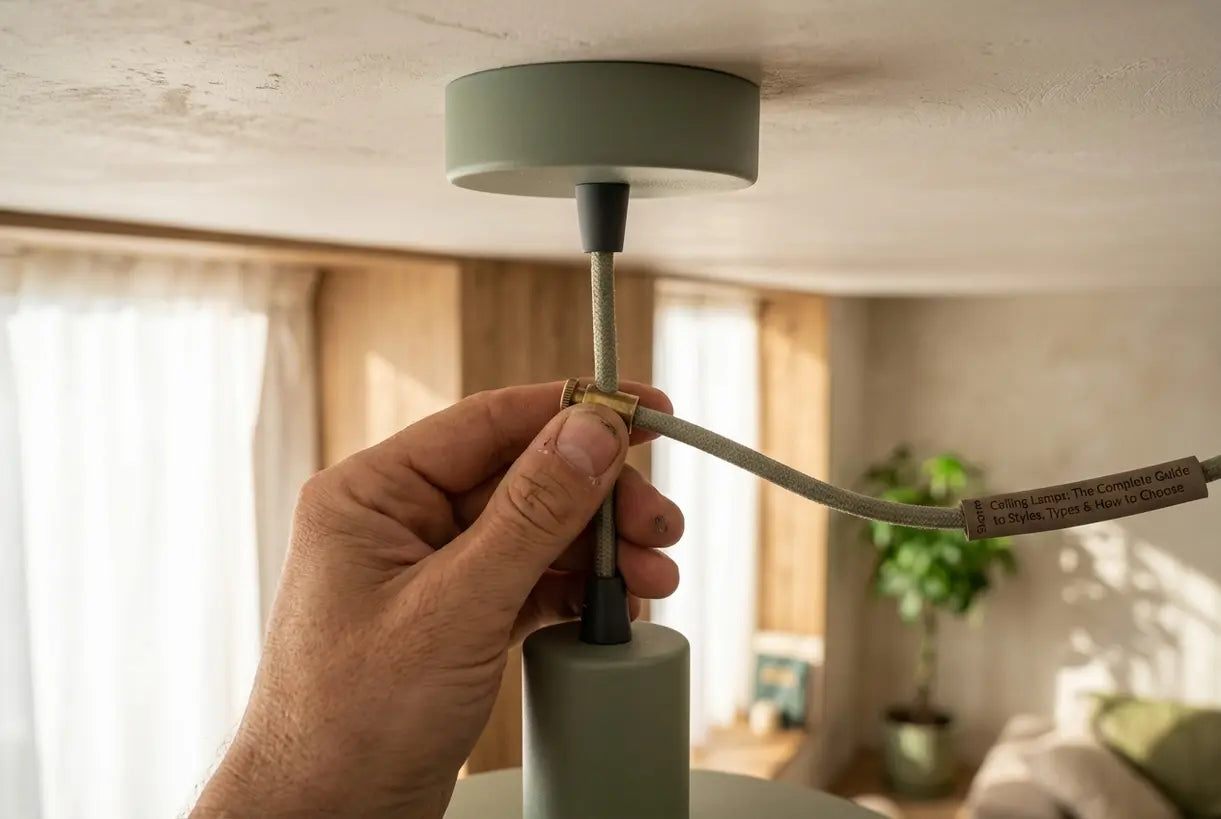Persoon die de hoogte van een Scandinavische plafondlamp aanpast in een Scandinavisch interieur