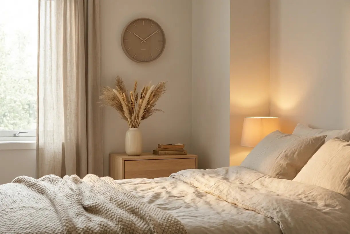 Scandinavian bedroom with stylish wall clock and restful decor