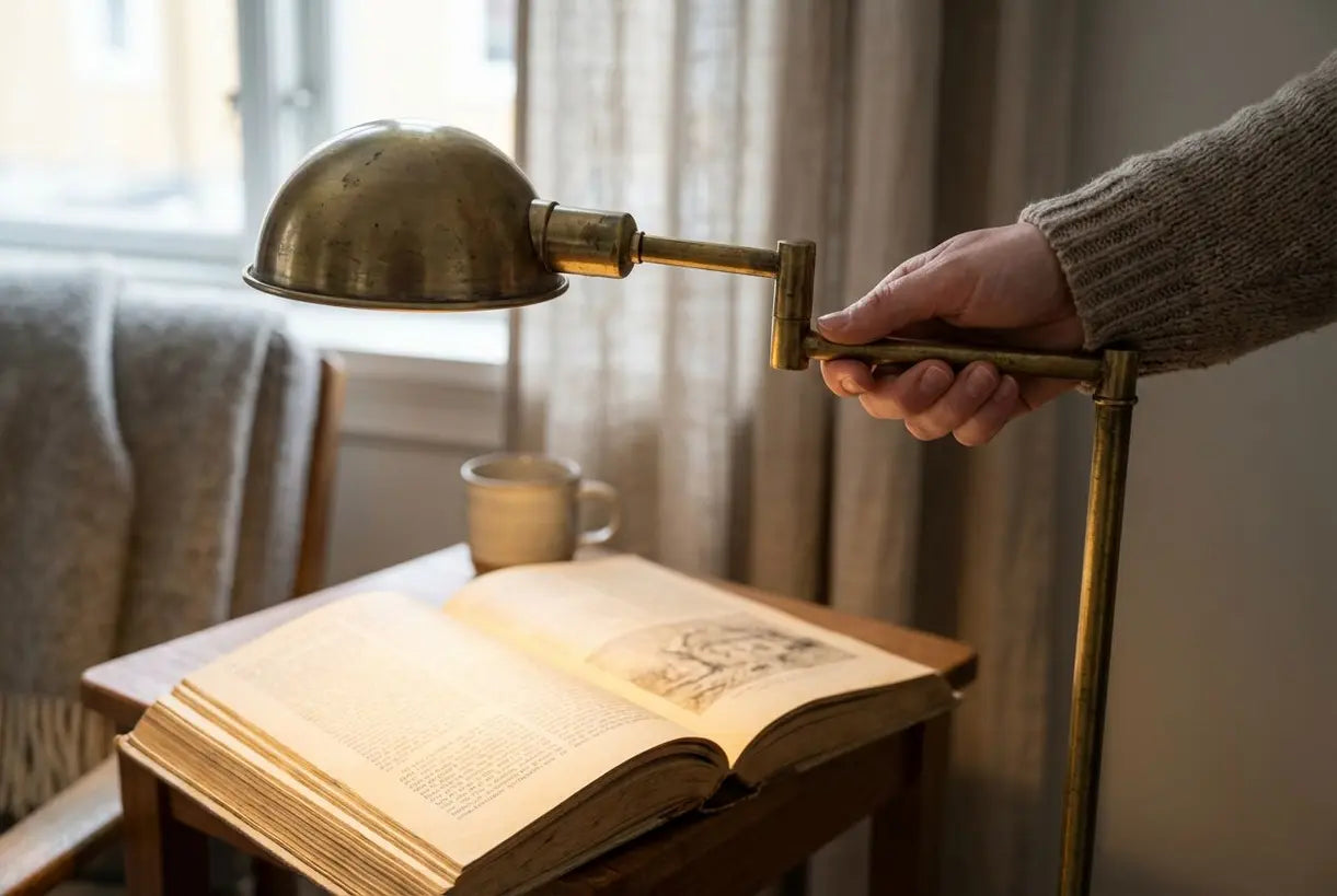 Hand die messing zwenkarm staande leeslamp afstelt met gerichte taakverlichting op boek