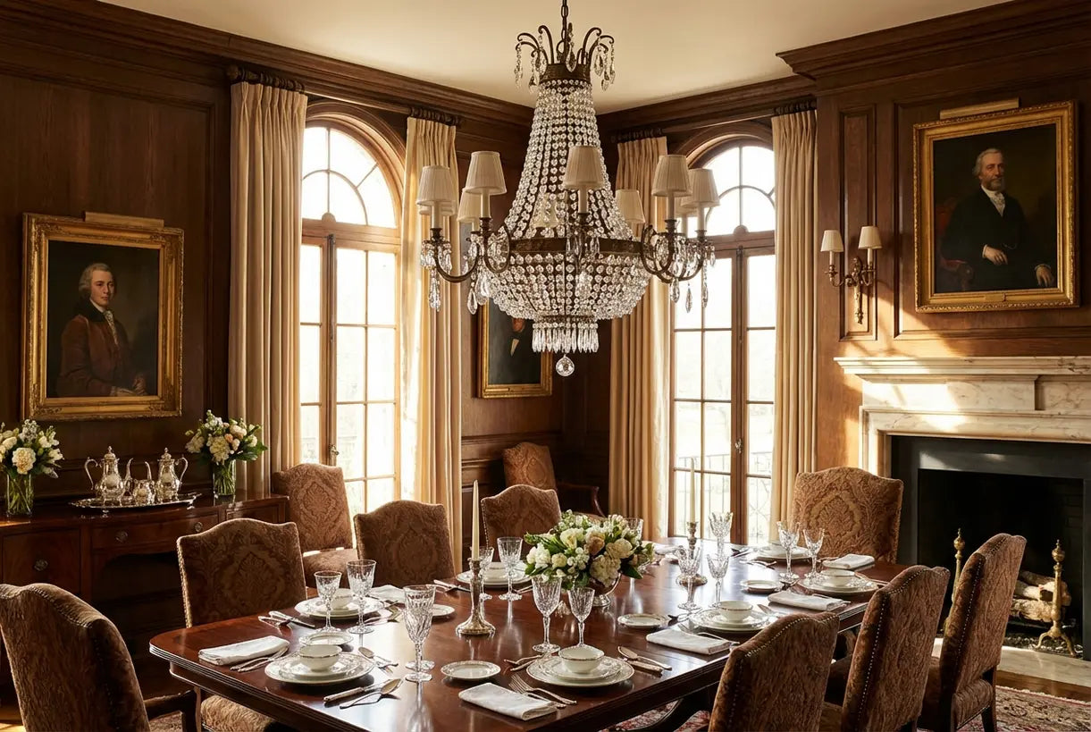 Traditionele kroonluchter hangend in formele eetkamer met kristallen accenten en warme sfeergloed