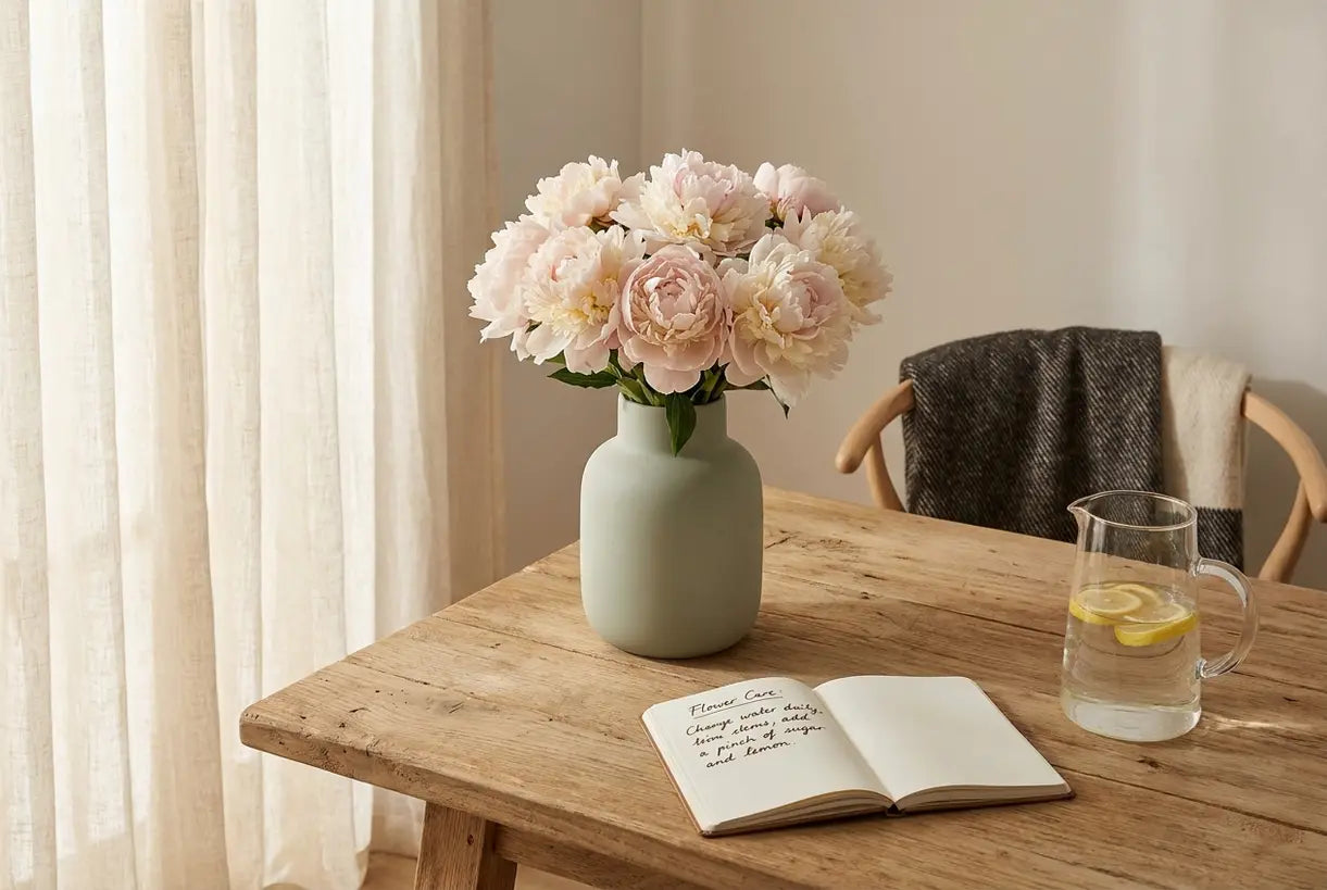 Scandinavian home interior with ceramic vase displaying fresh cut flowers