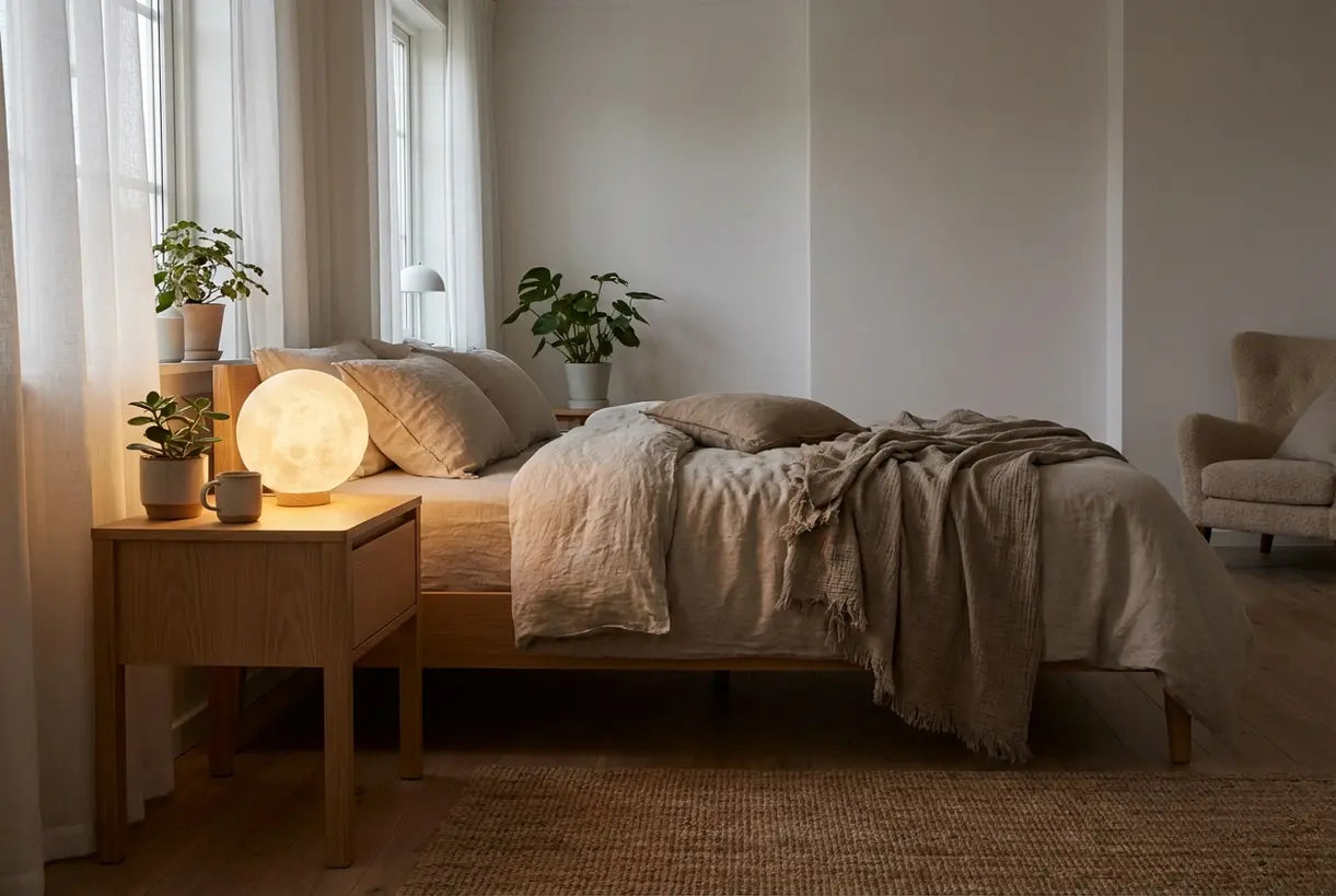 Scandinavische slaapkamer met een oplaadbare maanlamp die oplicht op een houten nachtkastje