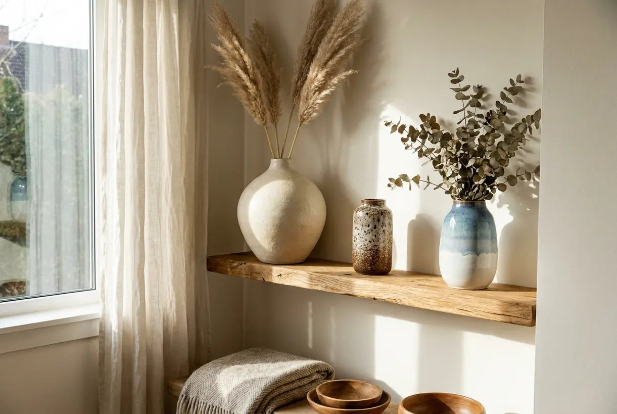 Scandinavian home shelf styled with ceramic glazed vases in matte speckled and ombre finishes