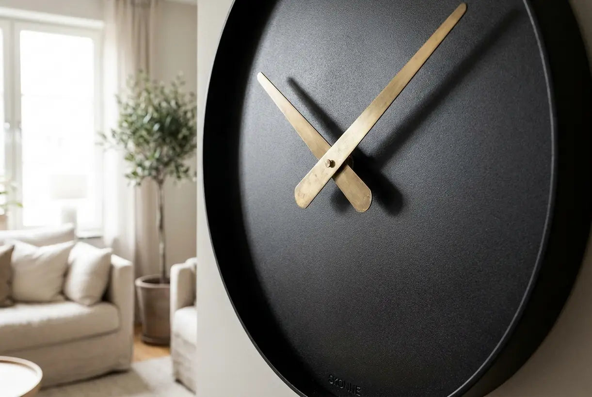 Close-up of oversized wall clock hands showing minimalist Scandinavian design details