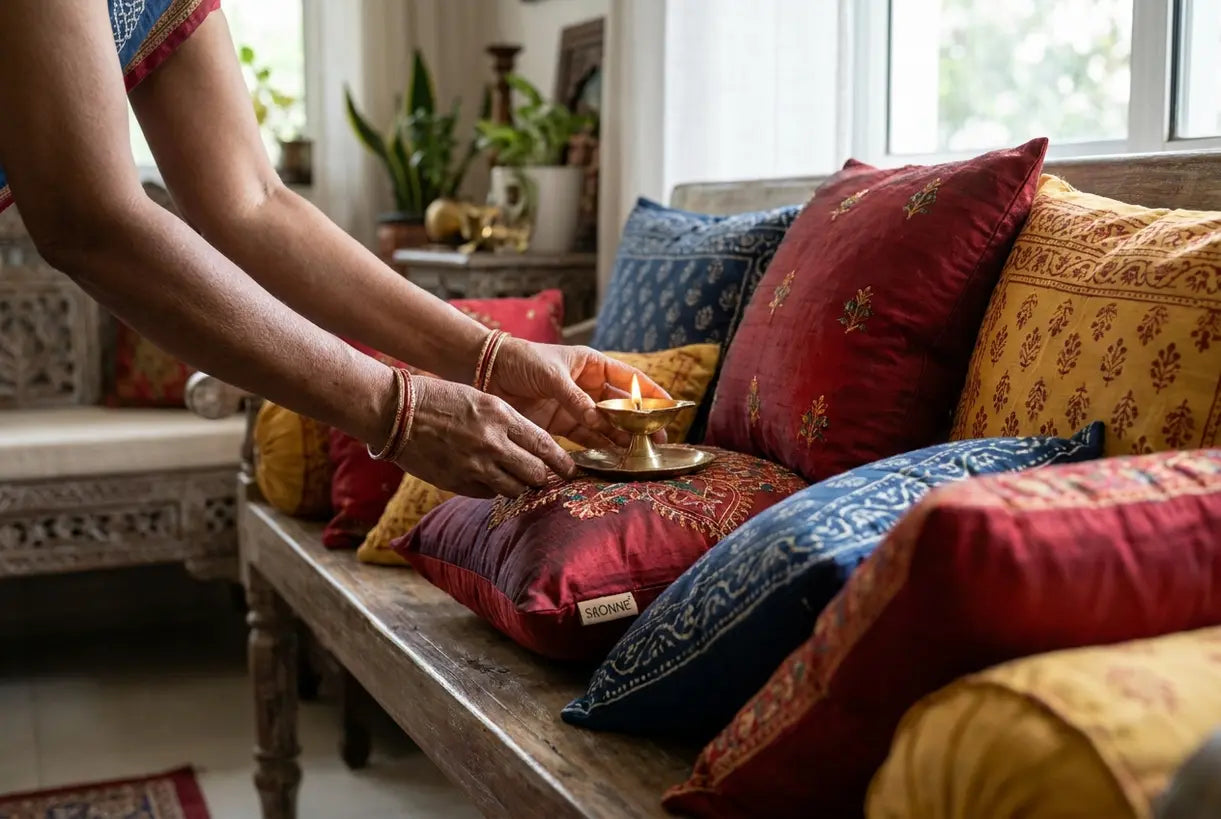 Close-up of hands arranging brass diyas and colorful cushions for Indian home decor styling