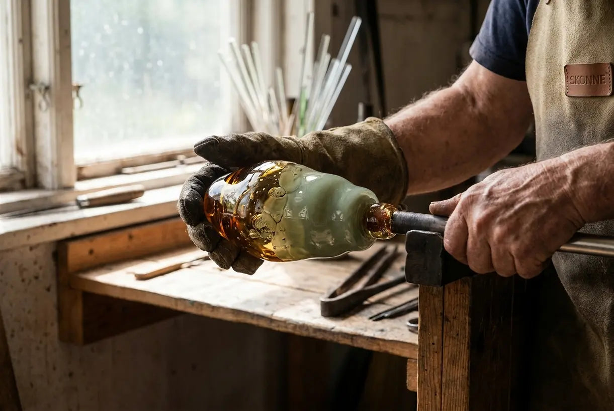 Artisan hands shaping hand-blown glass pendant light representing interior design craft trend 2026