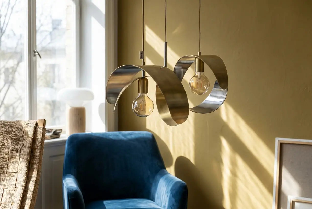 Sculptural geometric pendant light close-up showing postmodern interior design details