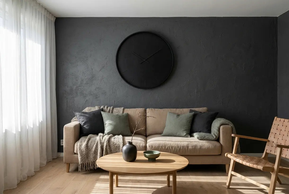 Modern moody living room interior featuring a large black wall clock as the focal point above a minimalist sofa with Scandinavian decor