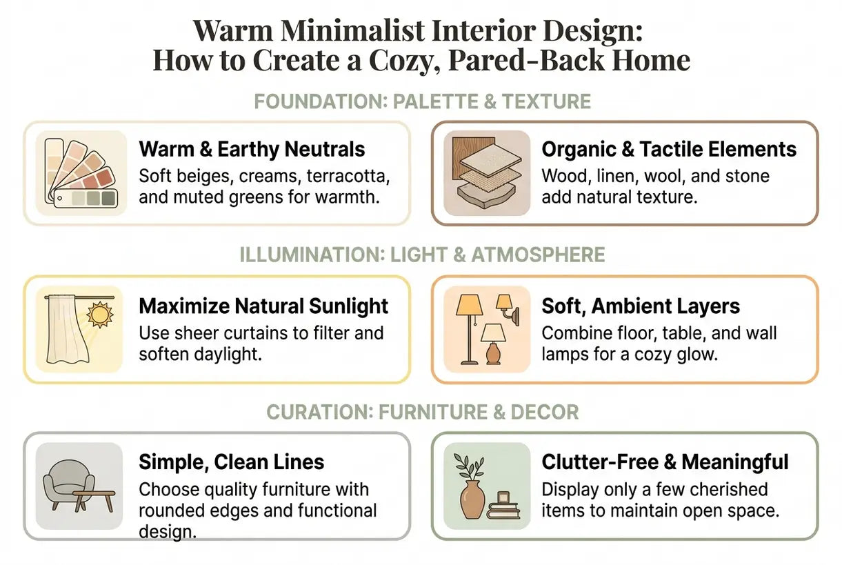 Warm Minimalist Interior Design: How to Create a Cozy, Pared-Back Home - infographic