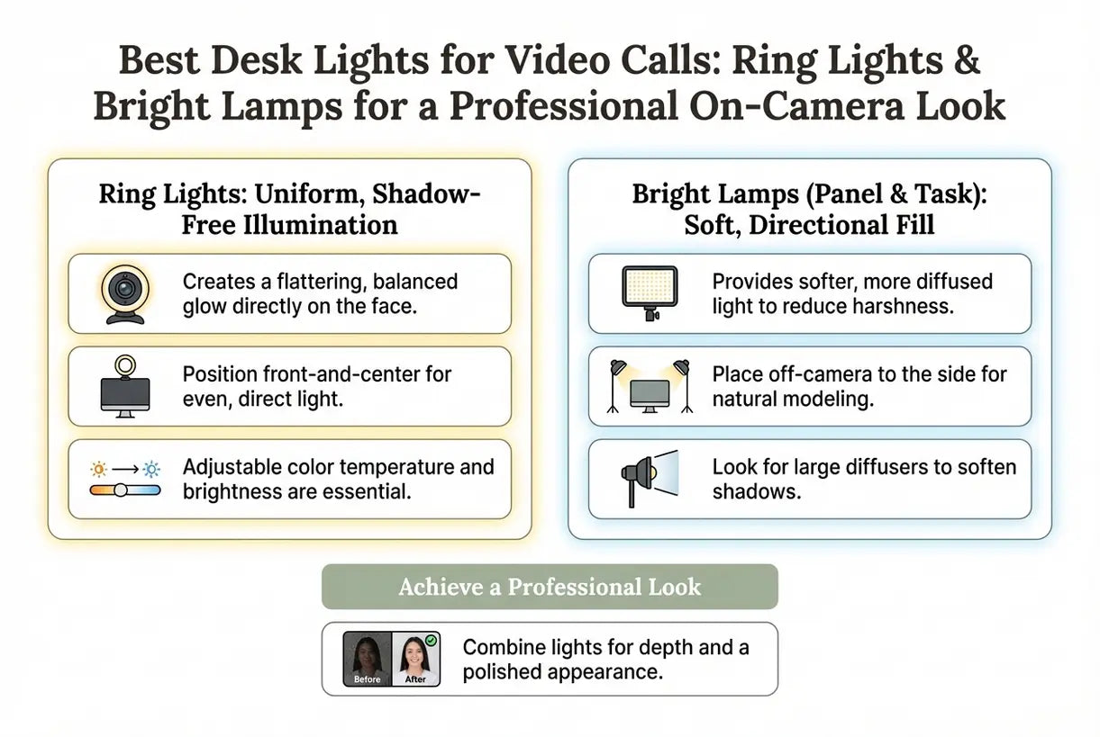 De beste bureauverlichting voor videogesprekken: ringlampen en heldere lampen voor een professionele uitstraling op camera - infographic