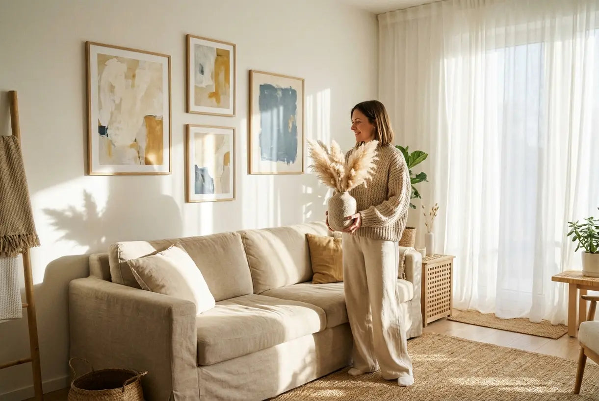 Scandinavian living room with curated gallery wall art and home decor styling