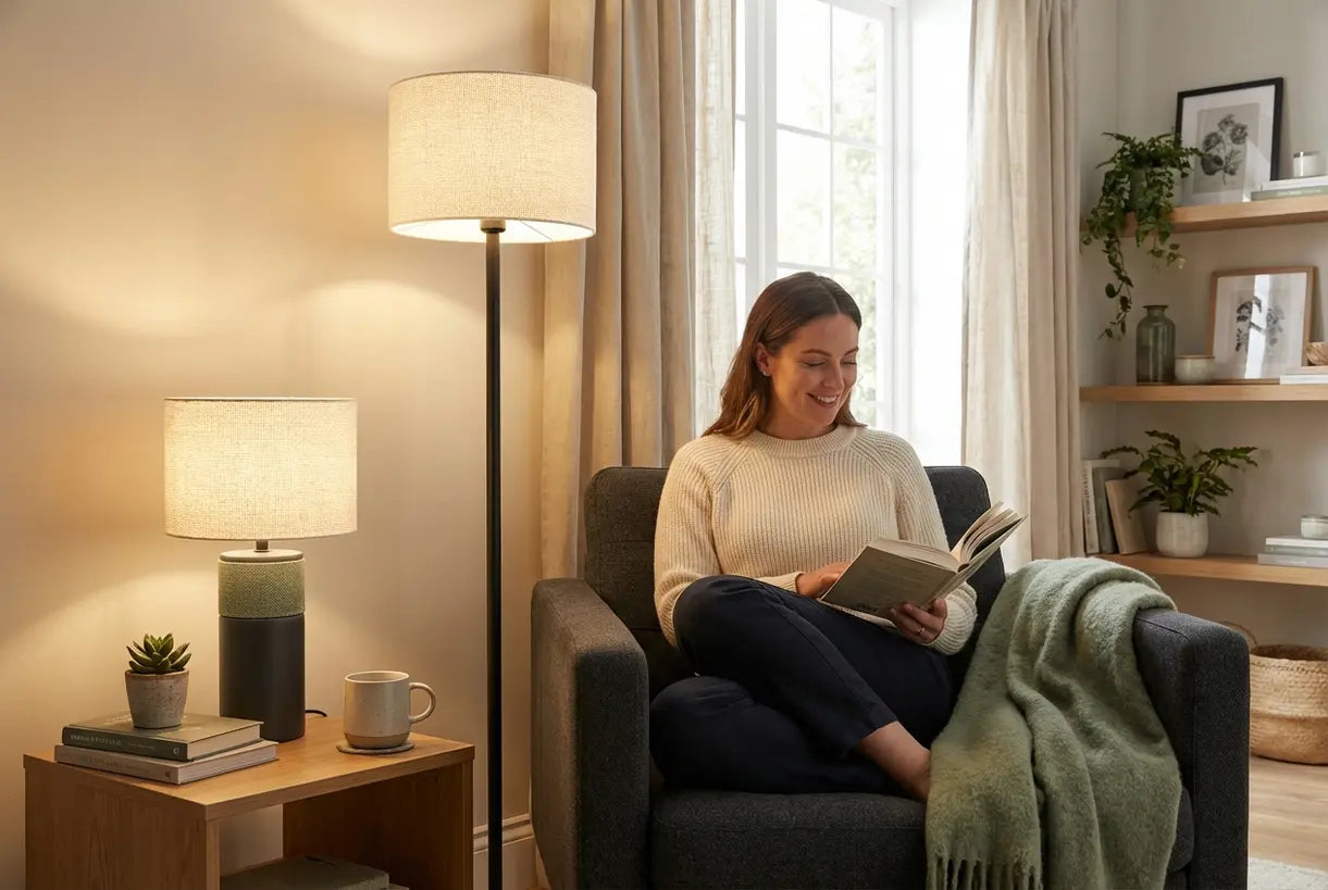 Woonkamer met bijpassende vloerlamp- en tafellampenset, Scandinavisch hygge interieurontwerp