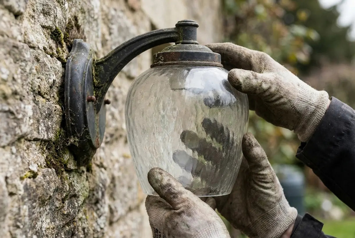 Handen die weerbestendige glazen buitenlampenkap op buitenwandlamp plaatsen
