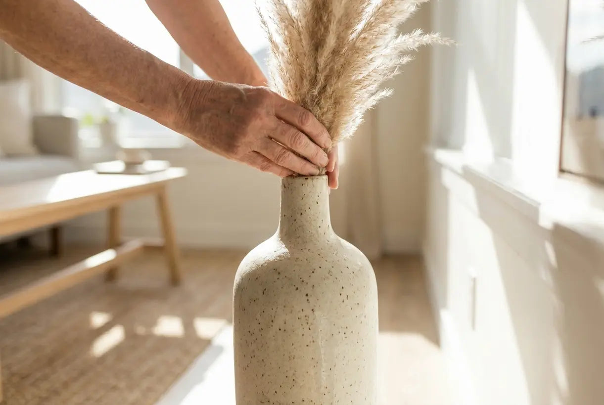 Hands styling dried pampas grass into a tall ceramic vase with elongated neck design.