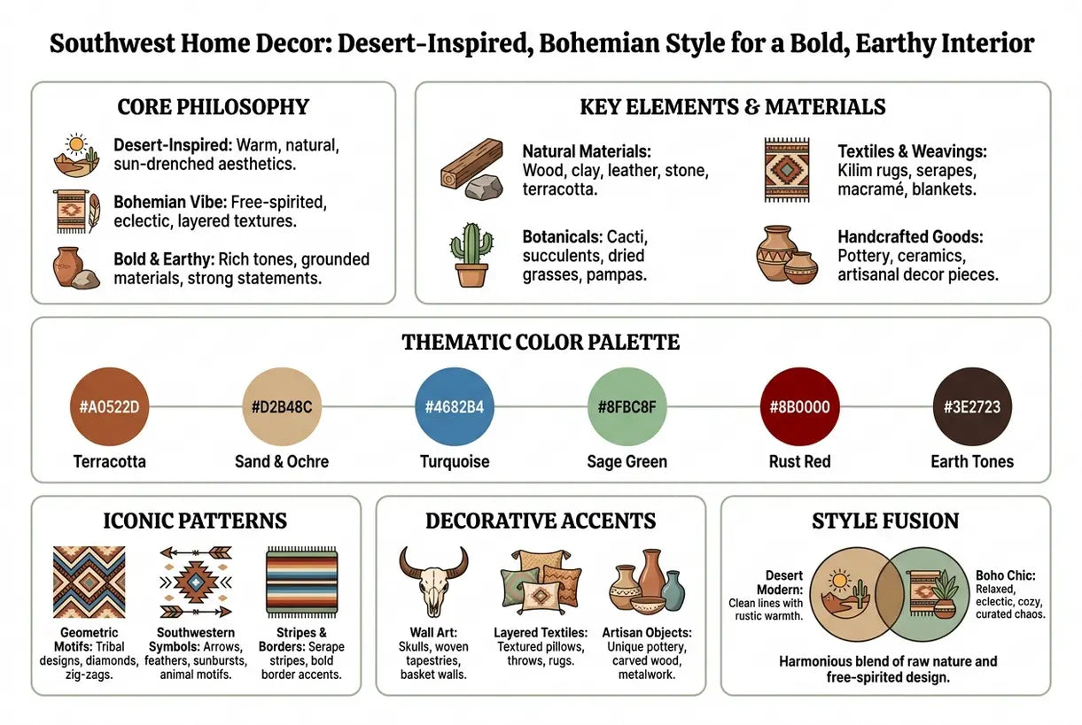 Southwest Home Decor: Desert-Inspired, Bohemian Style for a Bold, Earthy Interior - infographic