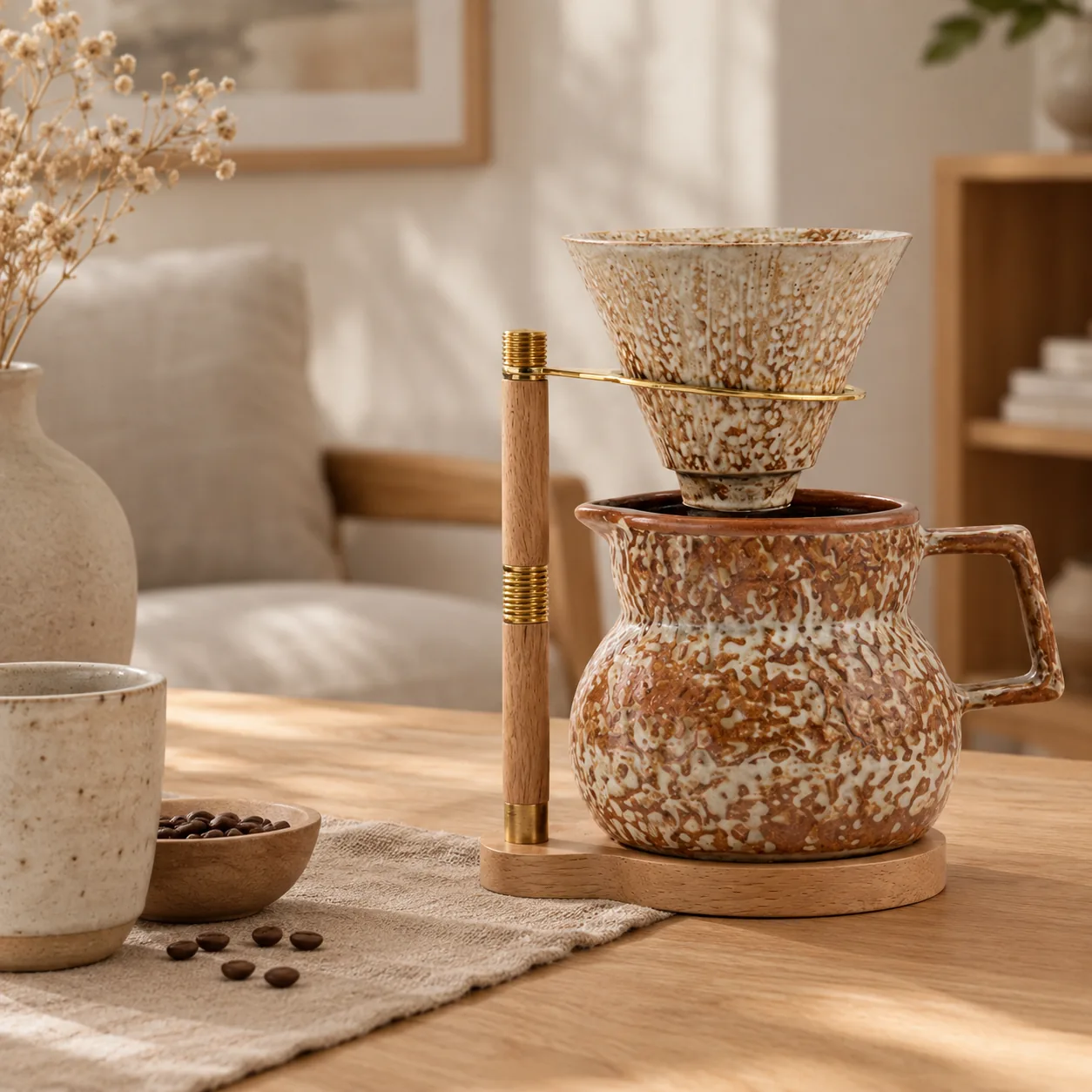 Drivna keramische opschenk-koffieset met houten standaard