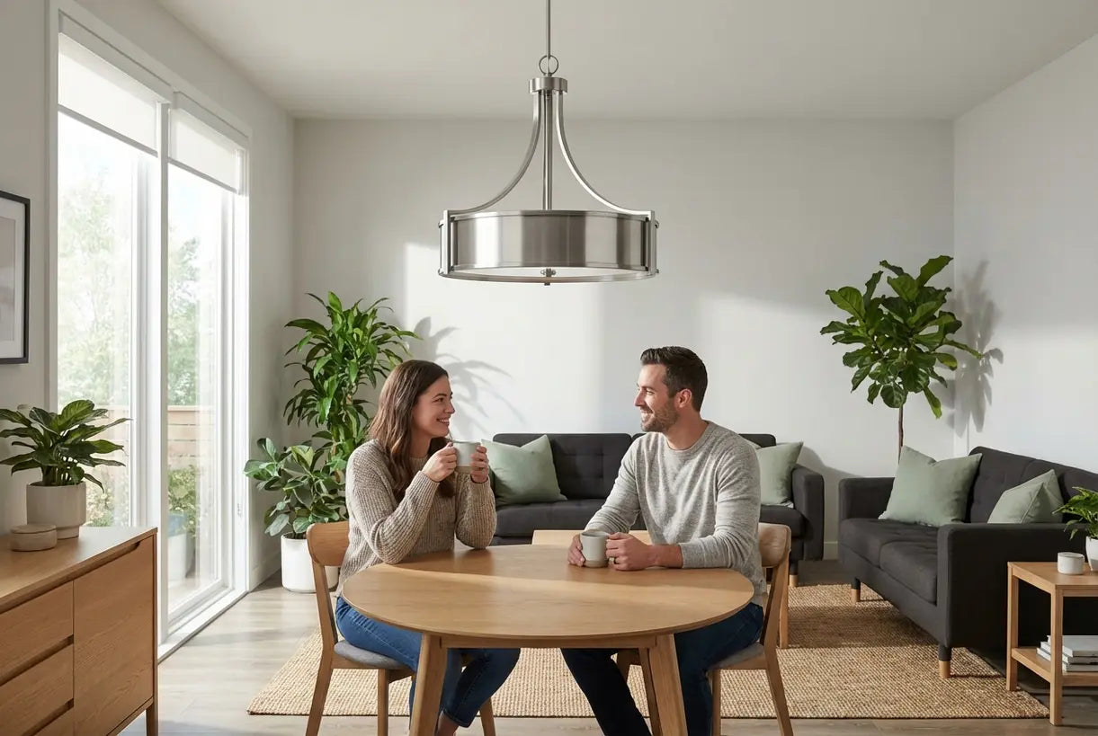 Moderne Scandinavische eetkamer met geborsteld nikkel plafondlamp boven eikenhouten tafel