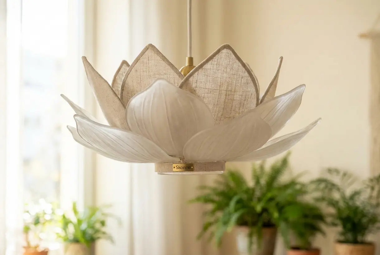 Close-up van lotusbloem hanglamp met delicate bloembladtexturen en warme verlichting