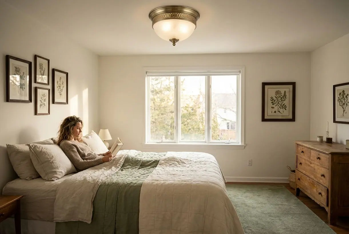 Vrouw ontspannen in Scandinavische slaapkamer met vintage plafondlamp met directe montage boven haar hoofd