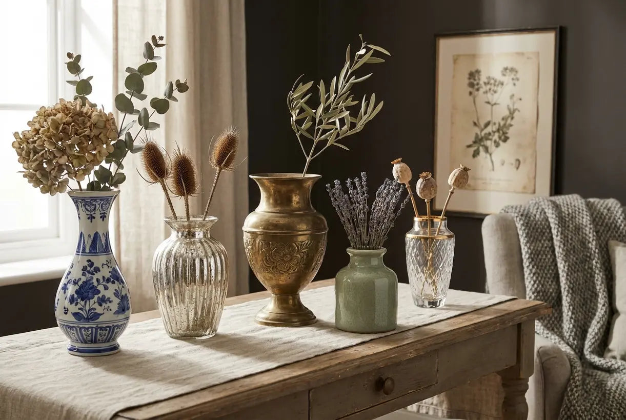 Curated collection of antique flower vases in vintage interior setting with natural light