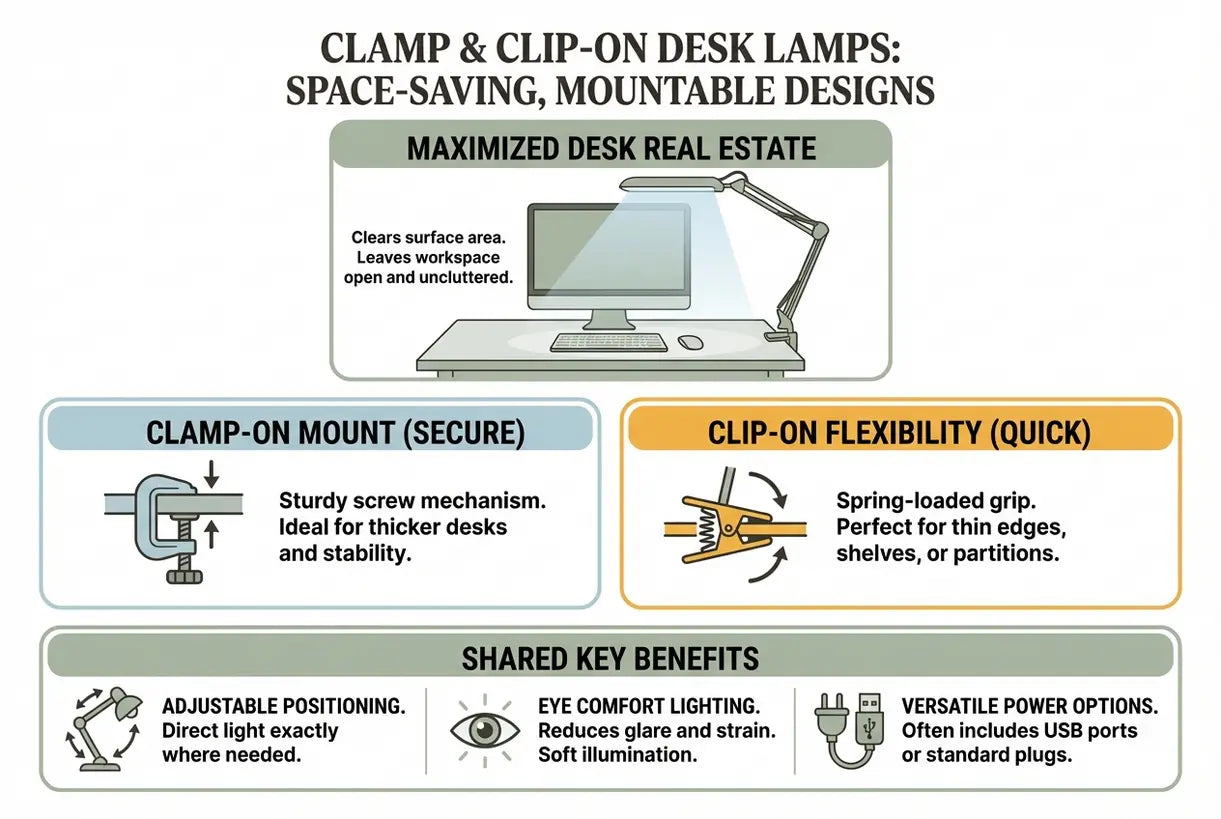Klemlampen en clip-on bureaulampen: Ruimtebesparende, monteerbare ontwerpen voor elk bureau - infographic
