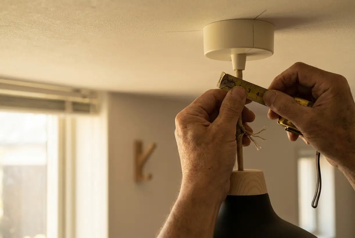 Handen meten de snoerlengte van een hanglamp voor de juiste ophanghoogte