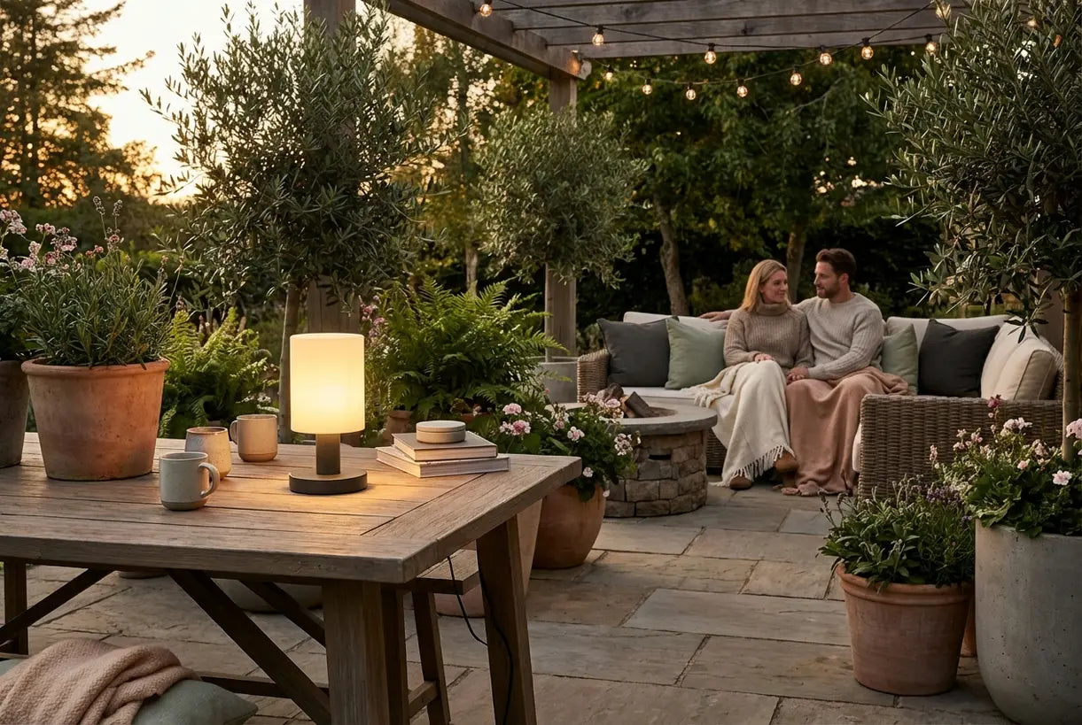 Gezellige buitenpatio met Scandinavische plug-in lamp die warm gloeit op tafel, sfeervolle buitenverlichting