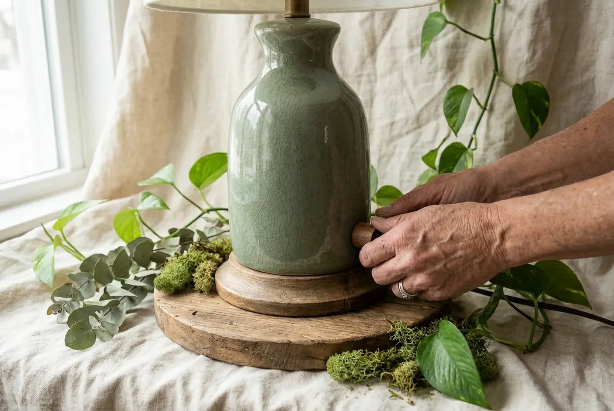 Handen die een saliegroene keramische vloerlampvoet aanpassen, omgeven door pothosranken en natuurlijk linnen
