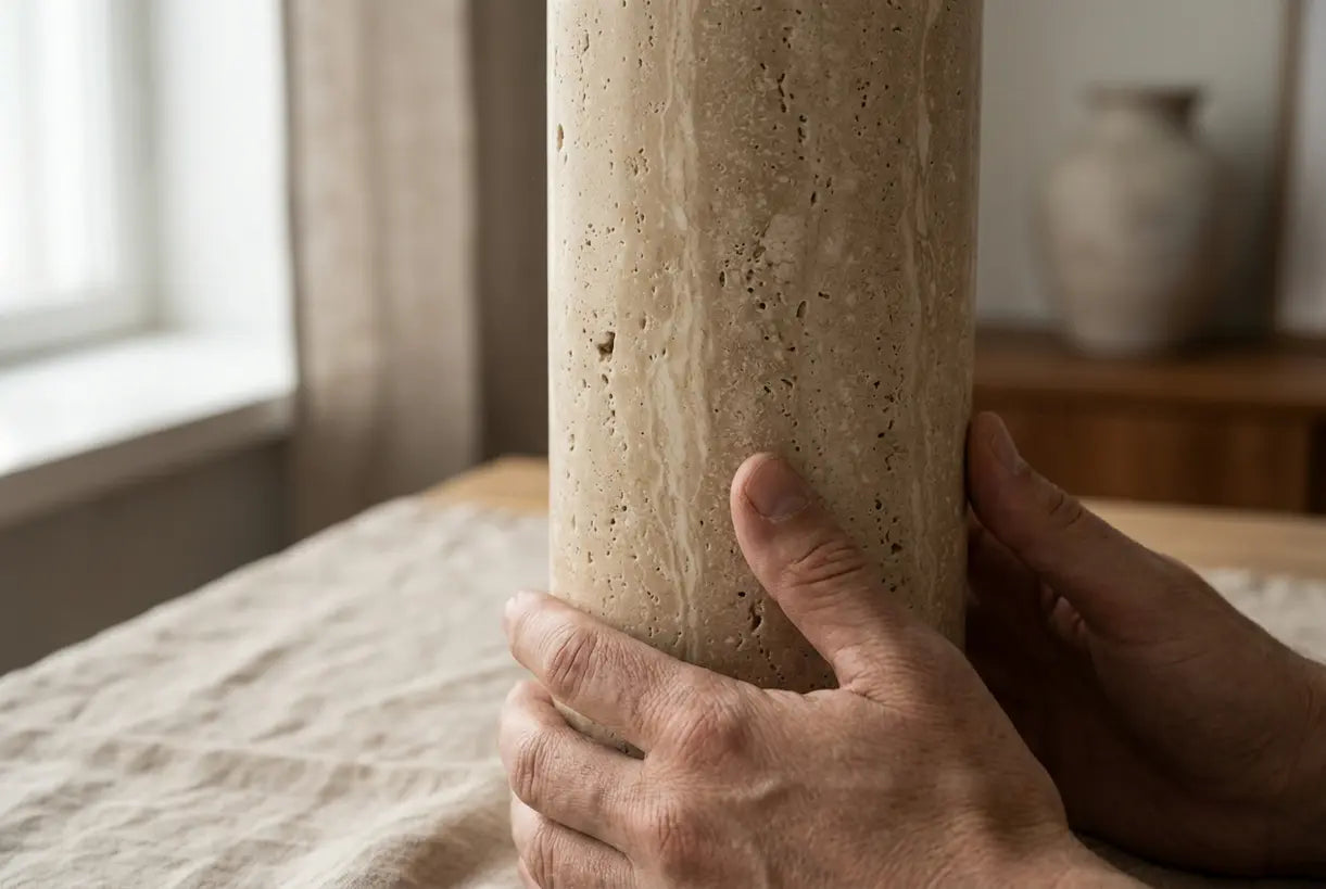 Close-up handen die de travertin voet van een natuurstenen tafellamp aanraken, met organische textuur en adering