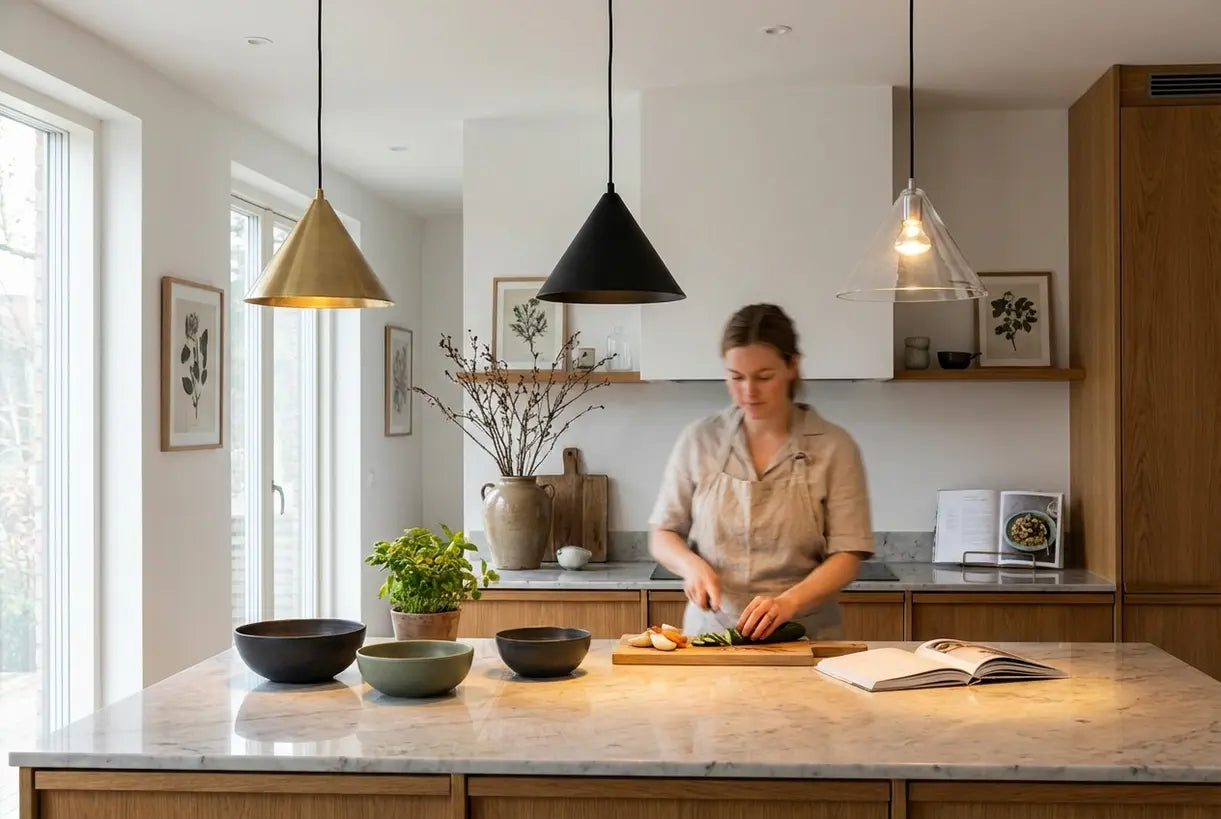 Drie conische pendellampen verlichten kookeiland in Scandinavisch huis