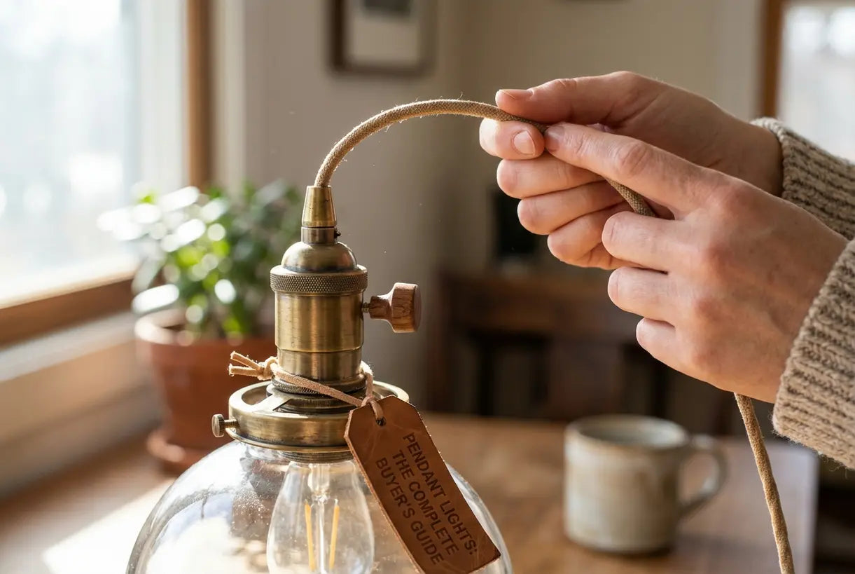 Close-up of hands adjusting a Scandinavian pendant light fixture with brass and wood details