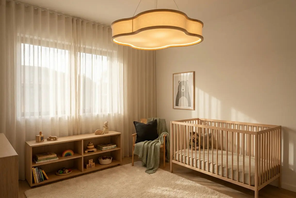 Scandinavian kids bedroom with stylish safe ceiling lighting