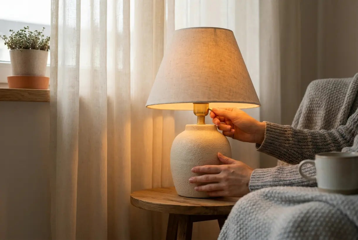Hands adjusting minimalist Scandinavian table lamp in small apartment living room, warm ambient lighting