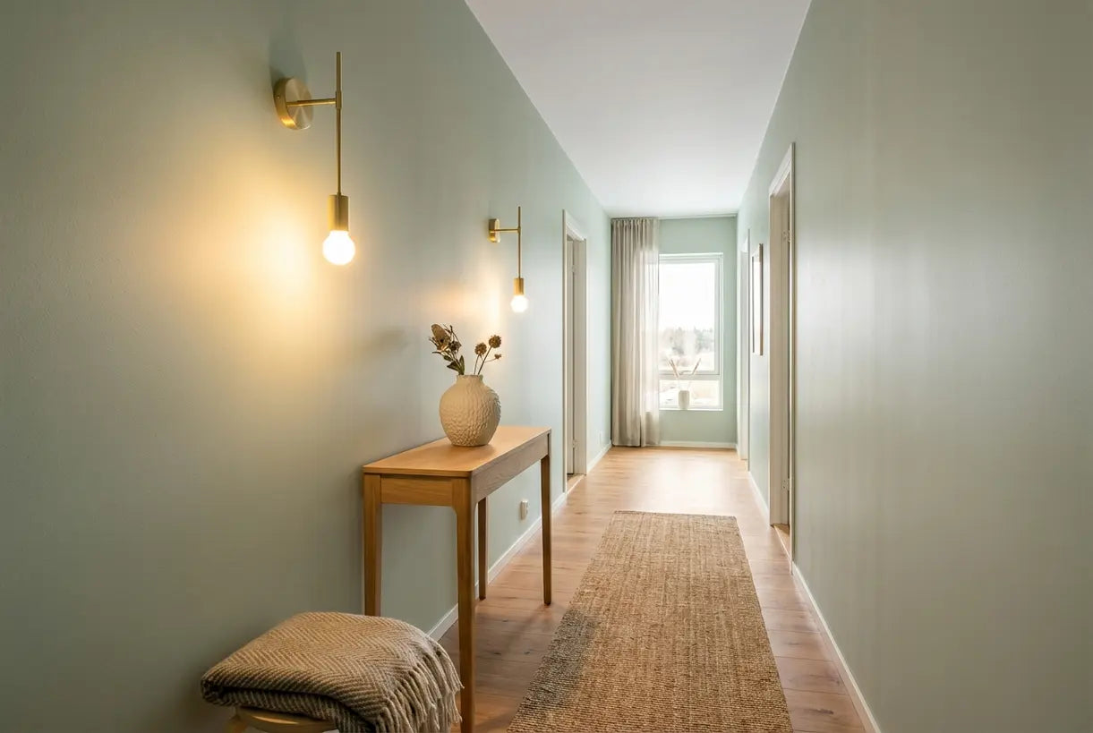 Scandinavische gang met moderne wandlampen die warme sfeerverlichting creëren