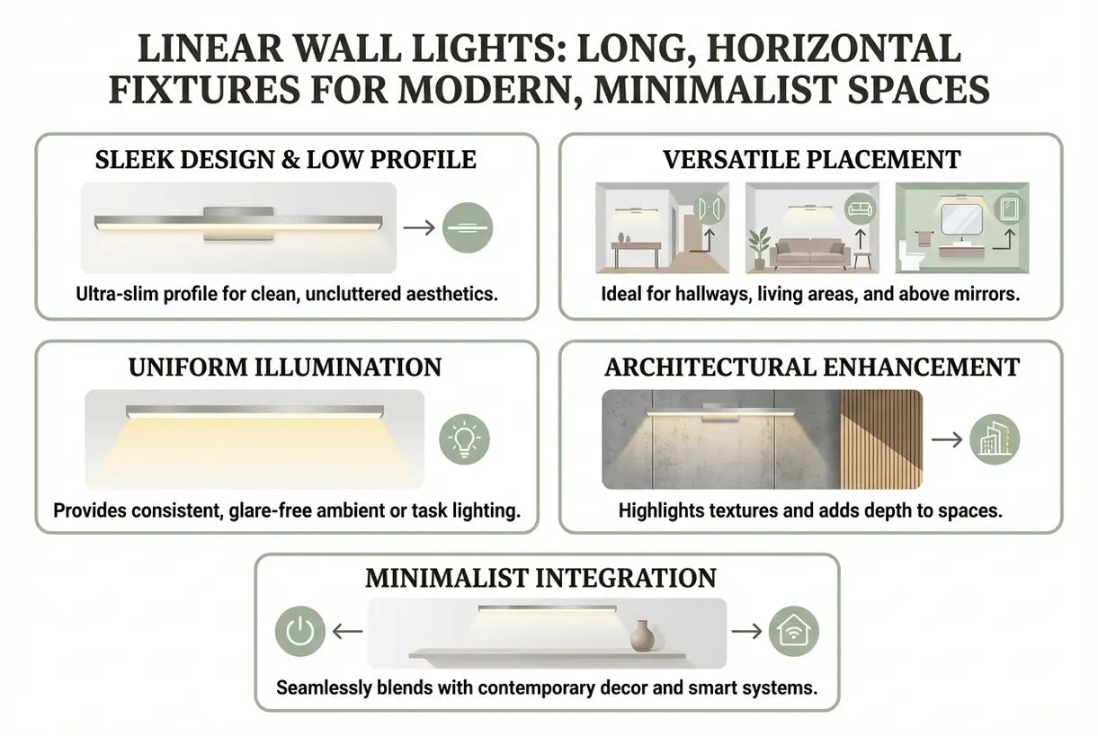 Lineaire wandlampen: lange, horizontale armaturen voor moderne, minimalistische ruimtes - infographic