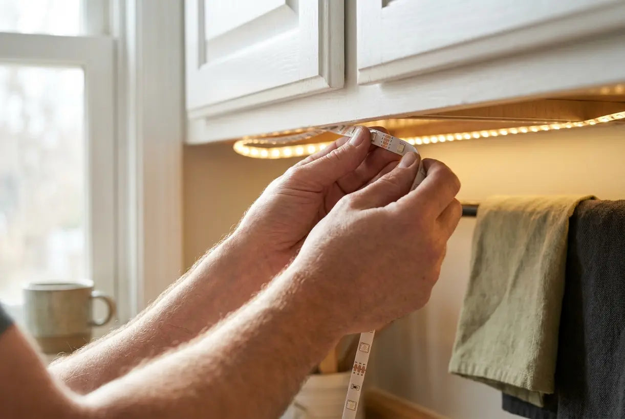 Hands installing LED strip lights under kitchen cabinets for under cabinet kitchen lighting