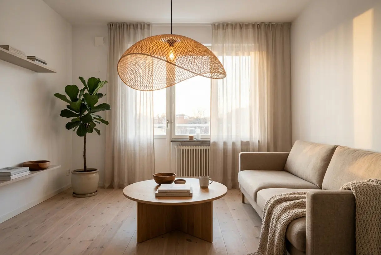 Scandinavian minimalist interior design with clean lines, natural materials, and warm pendant lighting