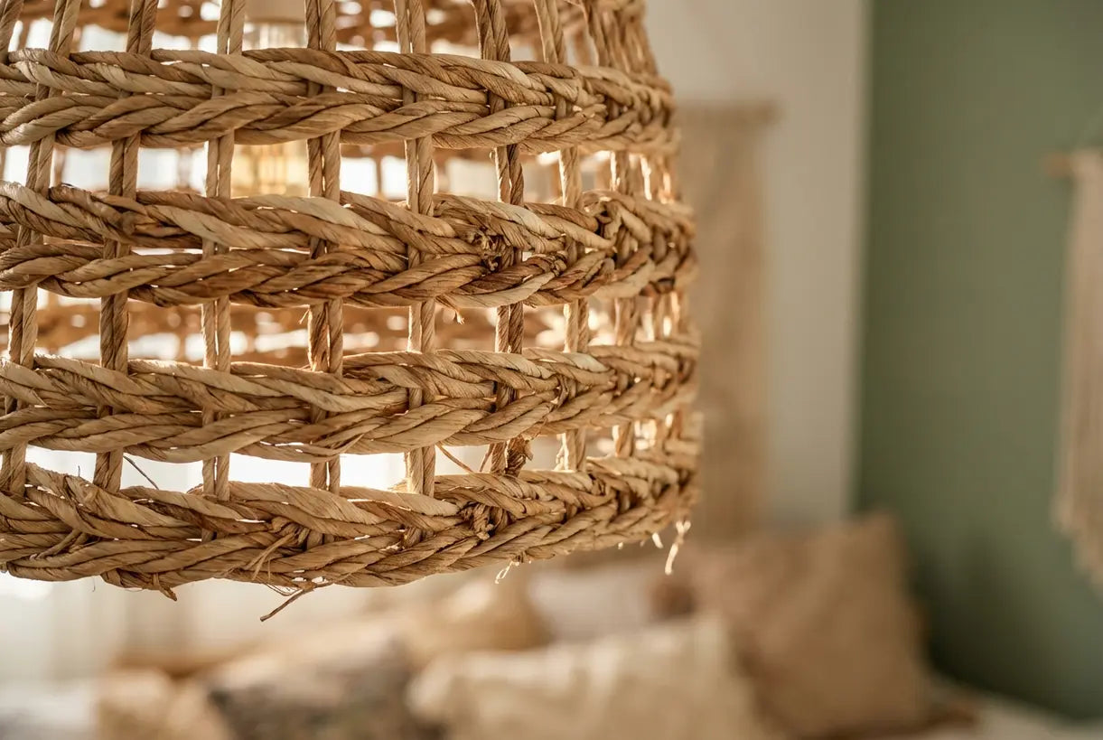 Close-up van handgeweven rotan kroonluchtertextuur die het natuurlijke rietweefpatroon toont