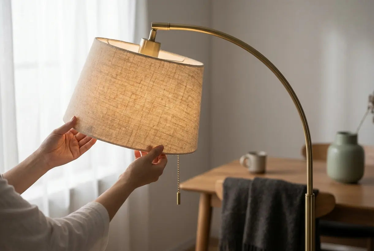 Close-up van handen die een linnen lampenkap aanpassen op een boogvloerlamp in een eetkameropstelling